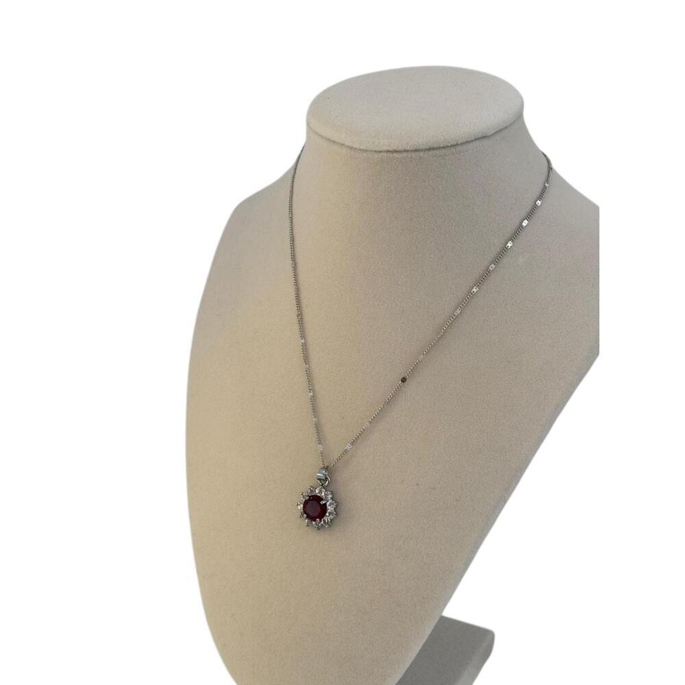 Silver Red Crystal Flower Pendant Necklace Women Elegant Statement Jewelry - Picture 2 of 4